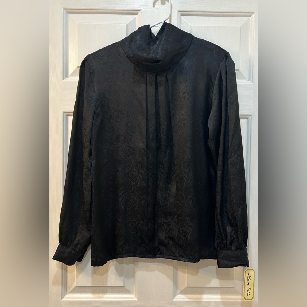 Vintage Allison Smith Black Sateen Blouse Textured Rose Patterned Pleated Sz 12